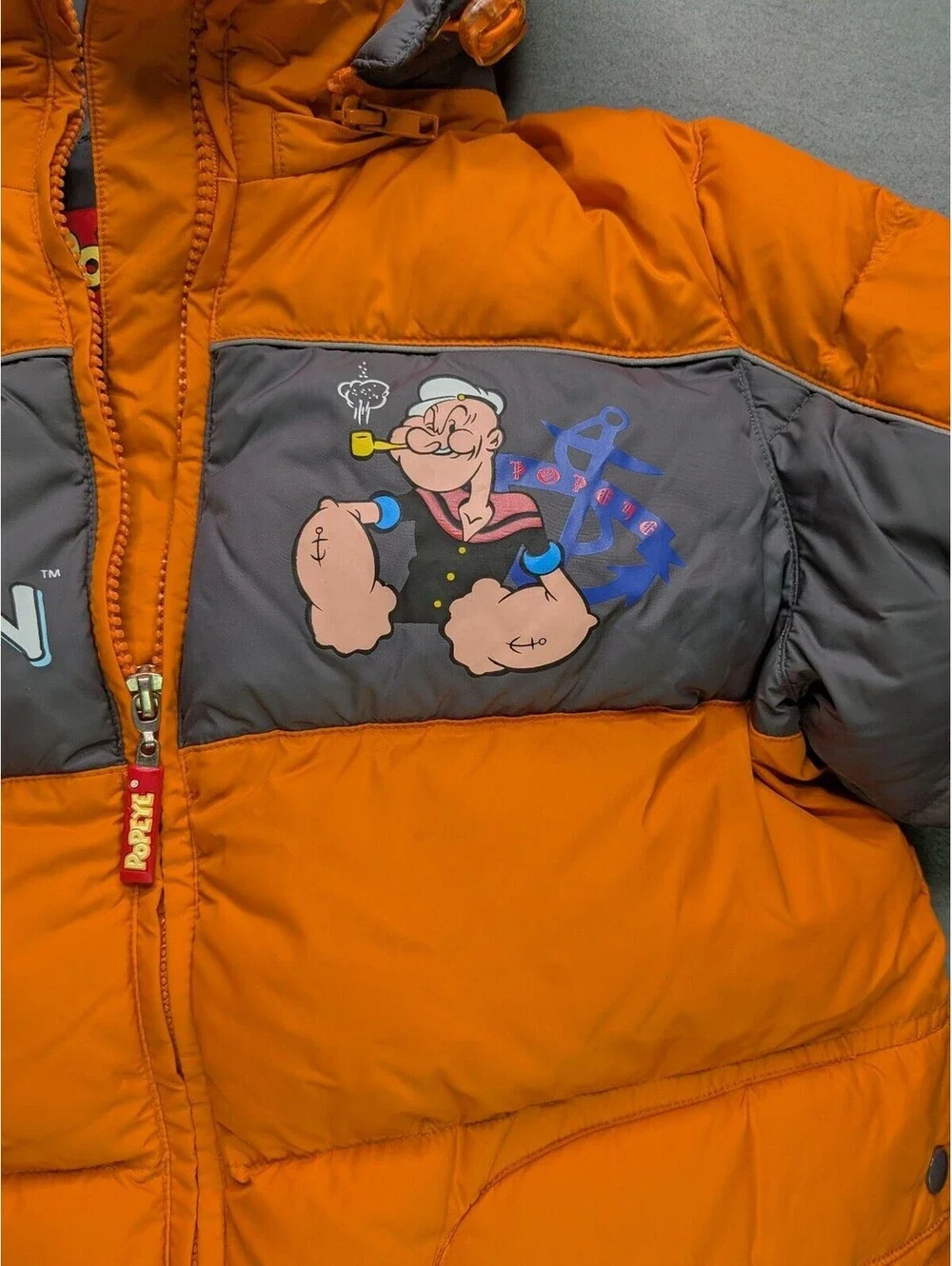 VTG Popeye Puffer Jacket Kids 7-8 Orange Gray Hooded Vintage Cartoon Winter Logo